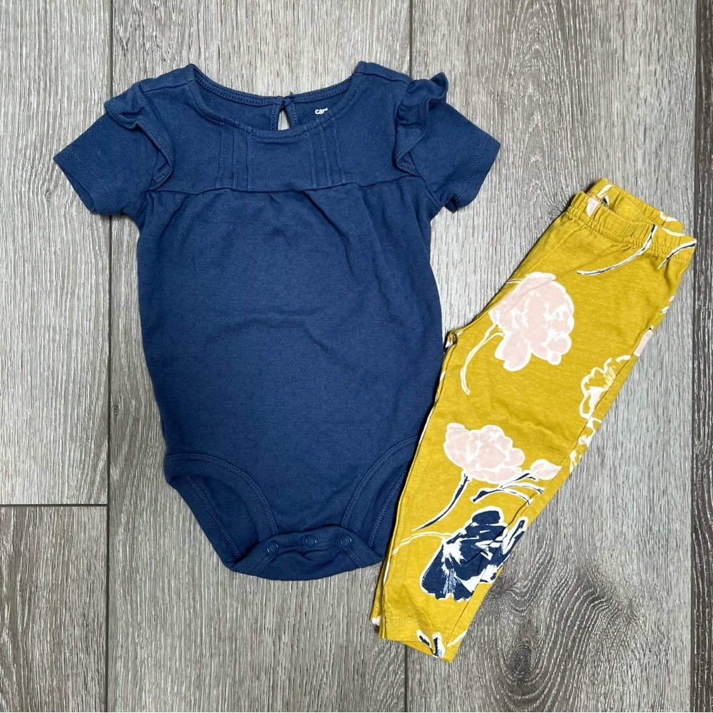 CARTERS 2PC SHORT SLEEVE BODYSUIT AND PANTS OUTFIT BLUE YELLOW 12MO